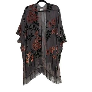World Market Sheer Floral Velvet Burnout Kimono Shawl Fringe One Size